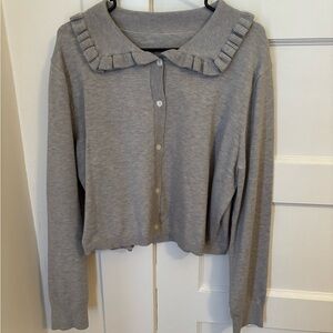 Gray Button-Up Cardigan with Ruffle Collar